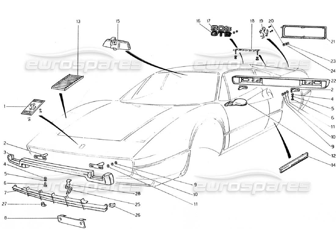 ferrari 308 gtb (1976) teilediagramm für stoßstangen und zierleisten