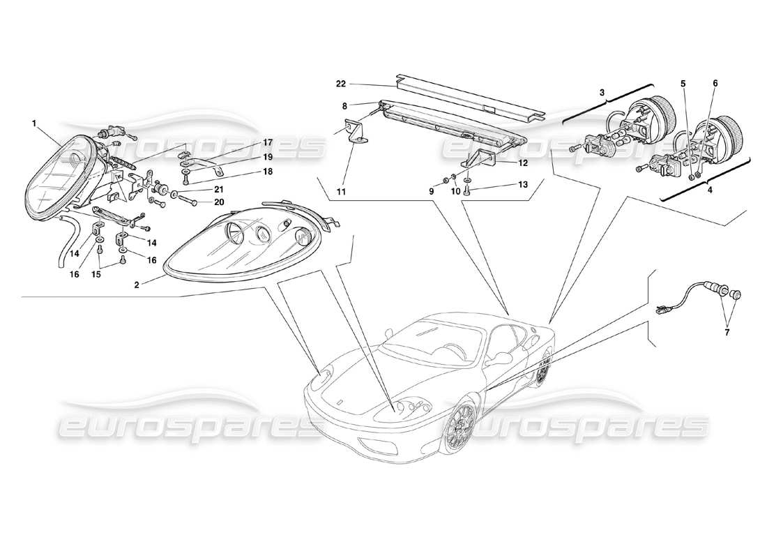 ferrari 360 challenge (2000) teilediagramm für vorder- und rücklichter