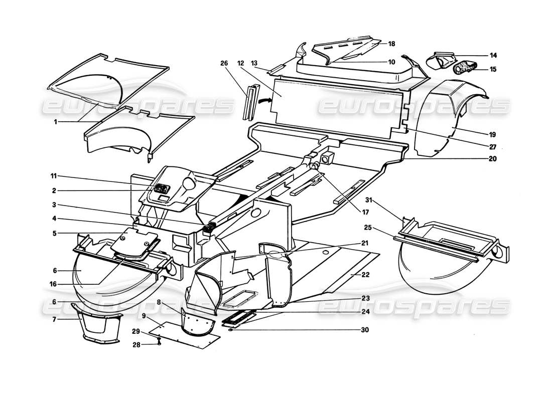 ferrari 308 gtb (1980) karosserie - teilediagramm der inneren elemente