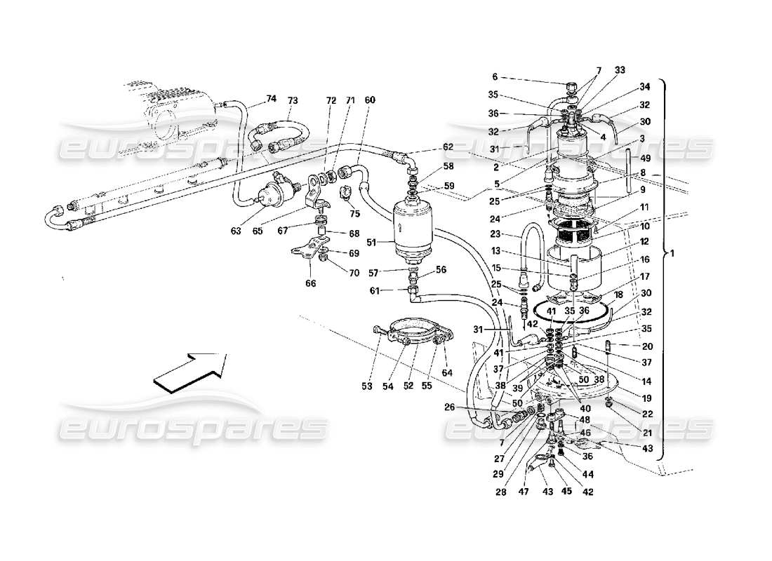 ferrari 348 (2.7 motronic) kraftstoffpumpe und rohre teilediagramm
