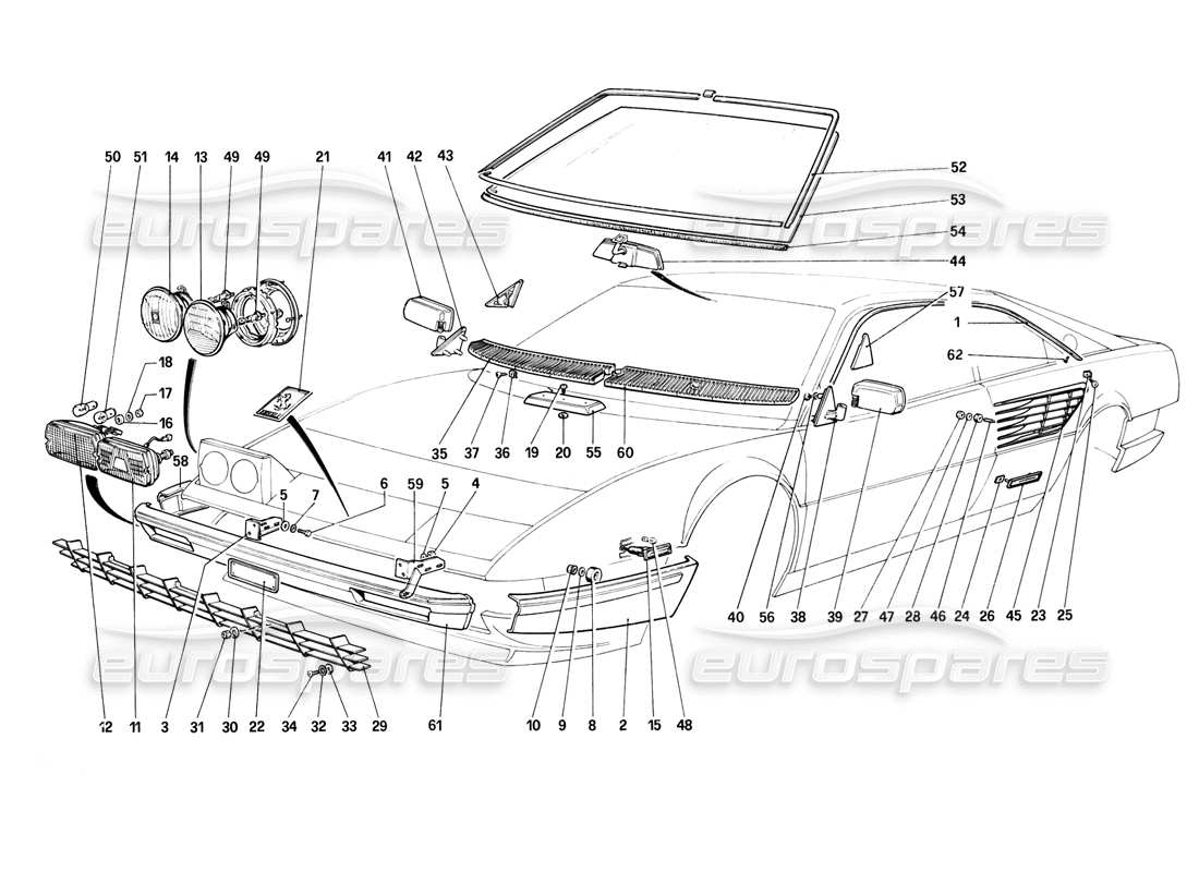 ferrari mondial 8 (1981) teilediagramm für stoßstangen, scheinwerfer und frontscheiben