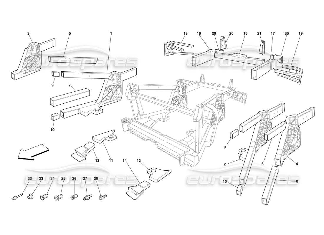 ferrari 360 challenge (2000) rahmen - teilediagramm der untergruppen der hinteren elemente