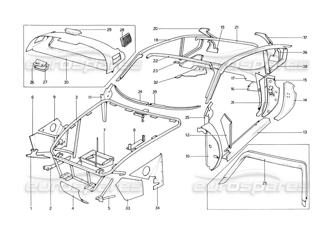 ferrari 246 dino (1975) karosserie - teilediagramm der inneren elemente