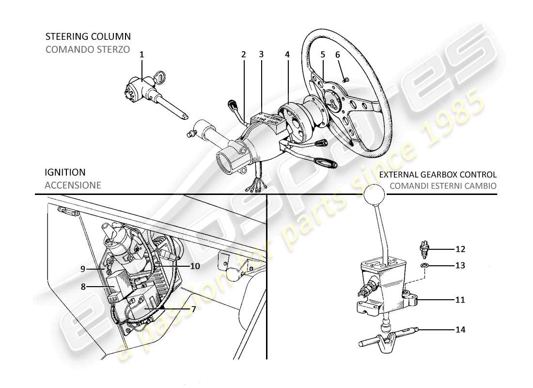 ferrari 246 dino (1975) teilediagramm für lenksteuerung, motorzündung und äußere getriebesteuerung (varianten für usa-versionen)