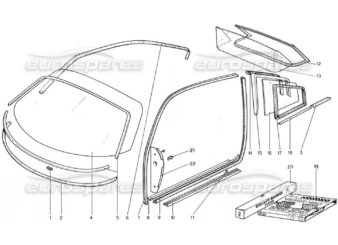 ferrari 308 gtb (1976) gläser (gültig für rhd-aus-versionen) teilediagramm