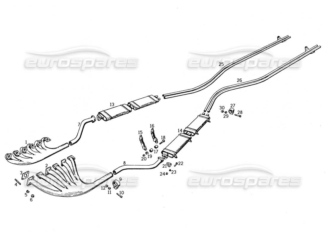 ferrari 250 gte (1957) teilediagramm für auspuffkrümmer, schalldämpfer und verlängerungsrohre
