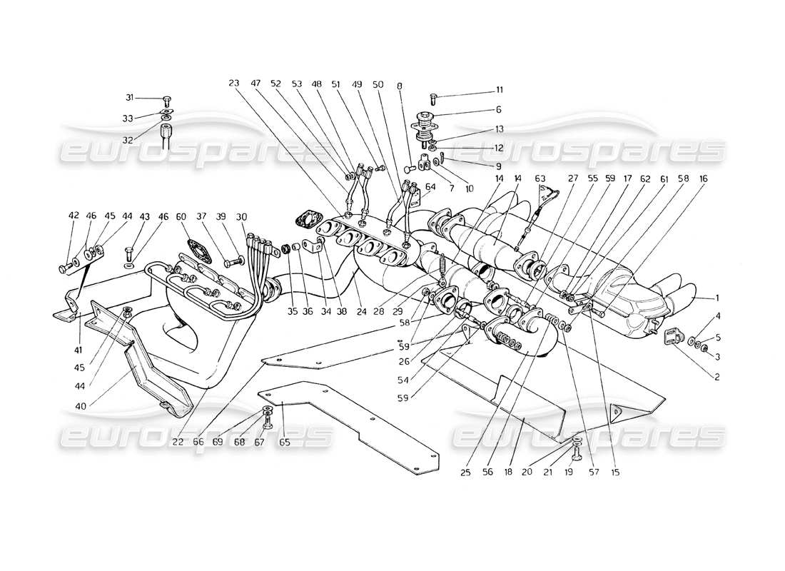 ferrari 308 gt4 dino (1979) abgassystem (varianten für usa - aus und j-version) teilediagramm