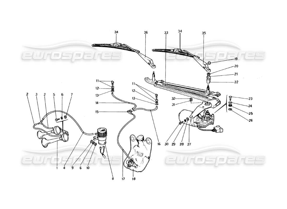 ferrari 308 gtb (1976) scheibenwischer, scheibe und hupe (gültig für rhd - aus-versionen) teilediagramm