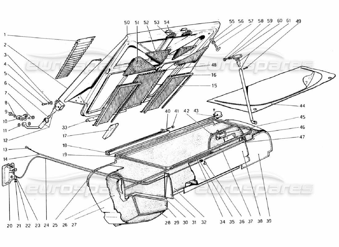 ferrari 308 gtb (1976) teilediagramm für heckhauben- und kofferraumabdeckung