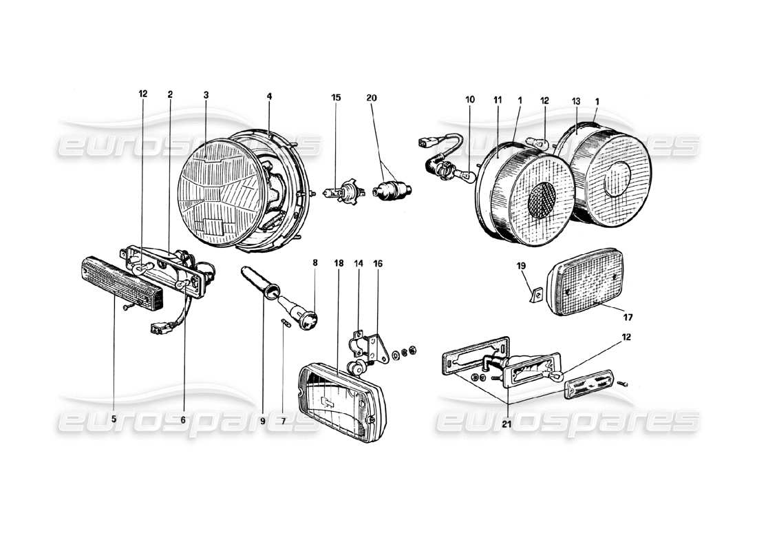 ferrari 308 gtb (1980) lichter (varianten für rhd - aus-versionen) ersatzteildiagramm