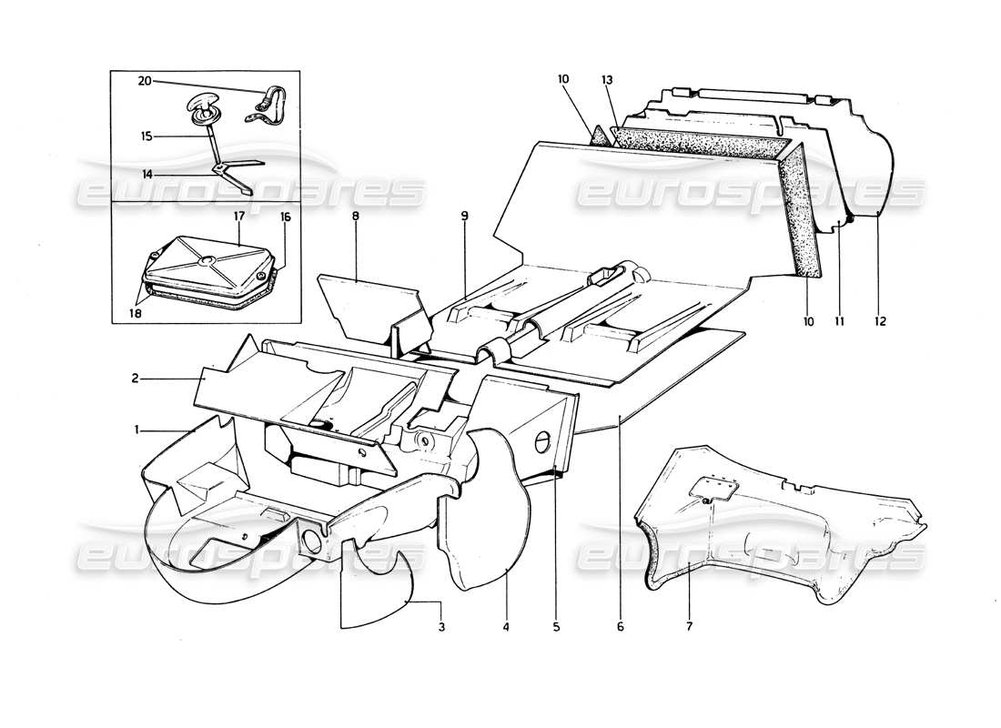 ferrari 246 dino (1975) karosserie - teilediagramm der inneren elemente
