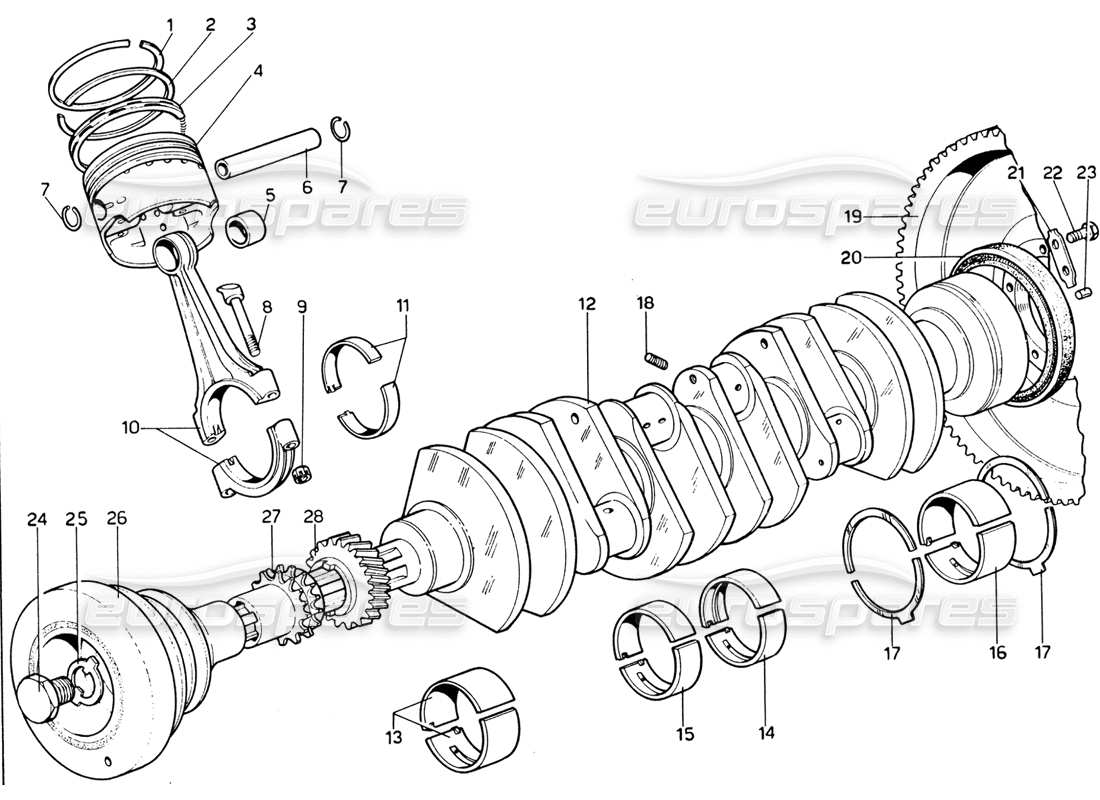 ferrari 365 gtb4 daytona (1969) teilediagramm für kurbelwelle, pleuelstangen und kolben