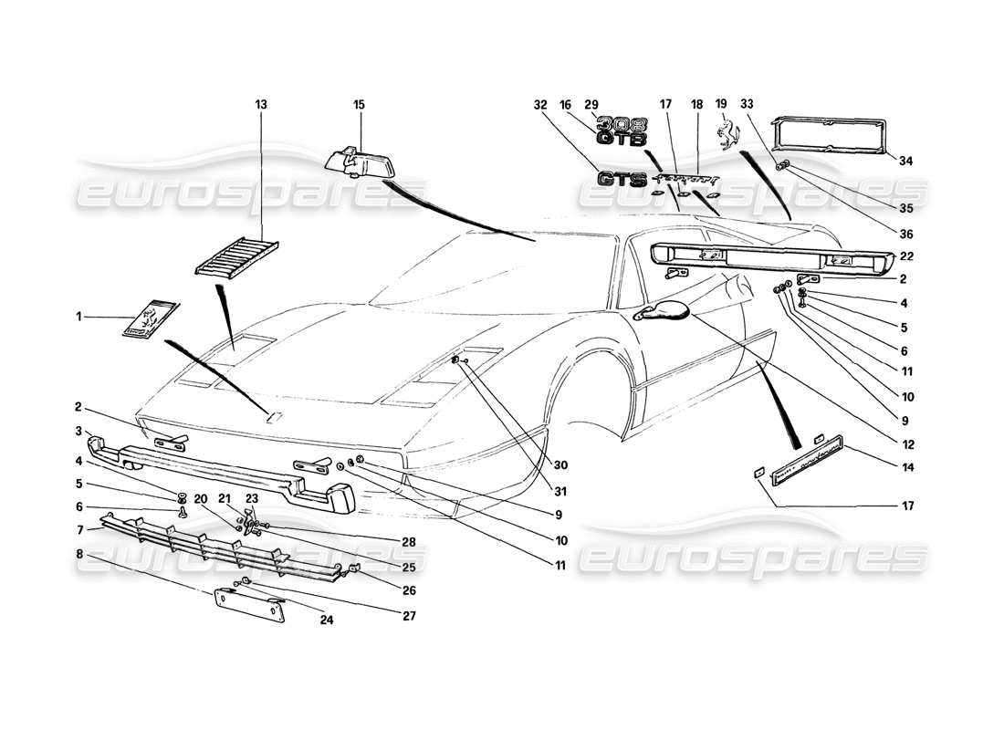 ferrari 308 gtb (1980) teilediagramm für stoßstangen und zierleisten