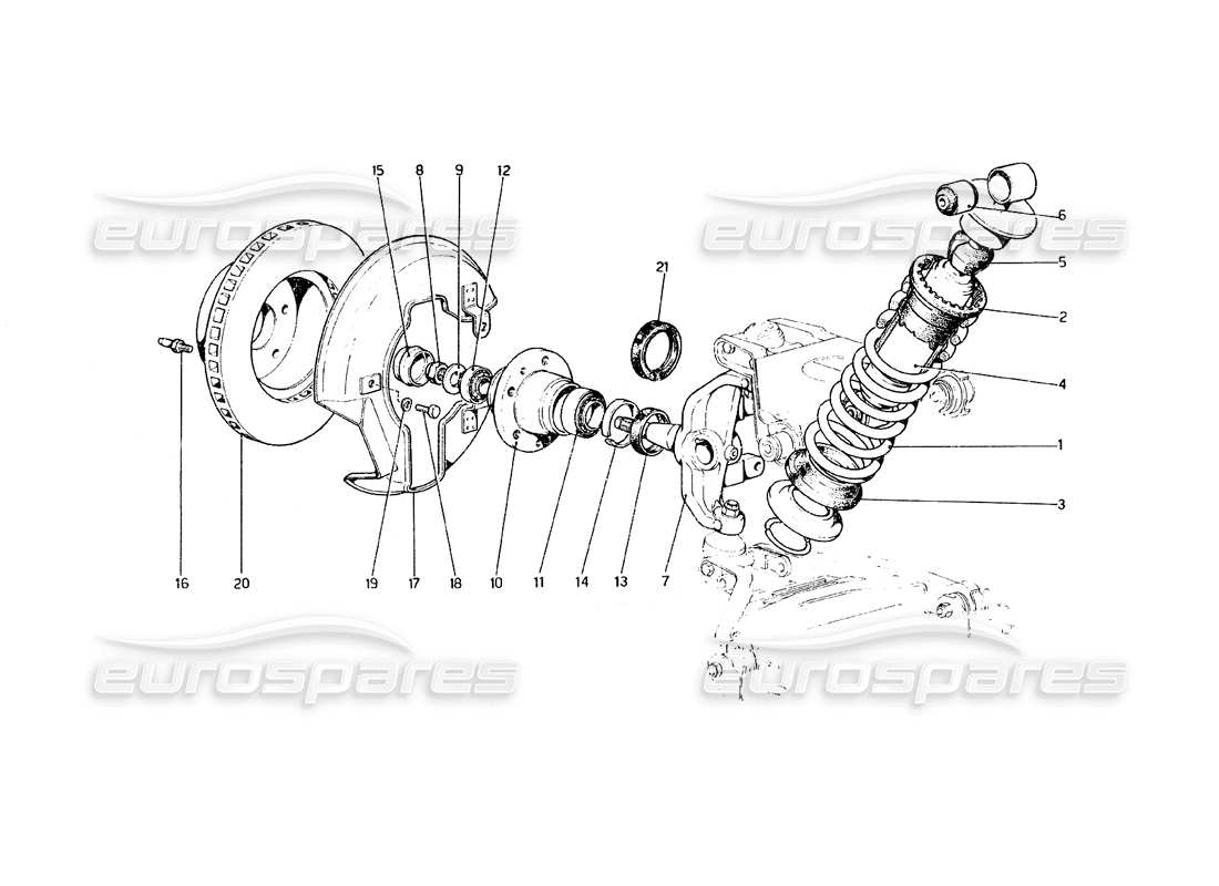 ferrari 308 gt4 dino (1979) vorderradaufhängung - teilediagramm stoßdämpfer und bremsscheibe