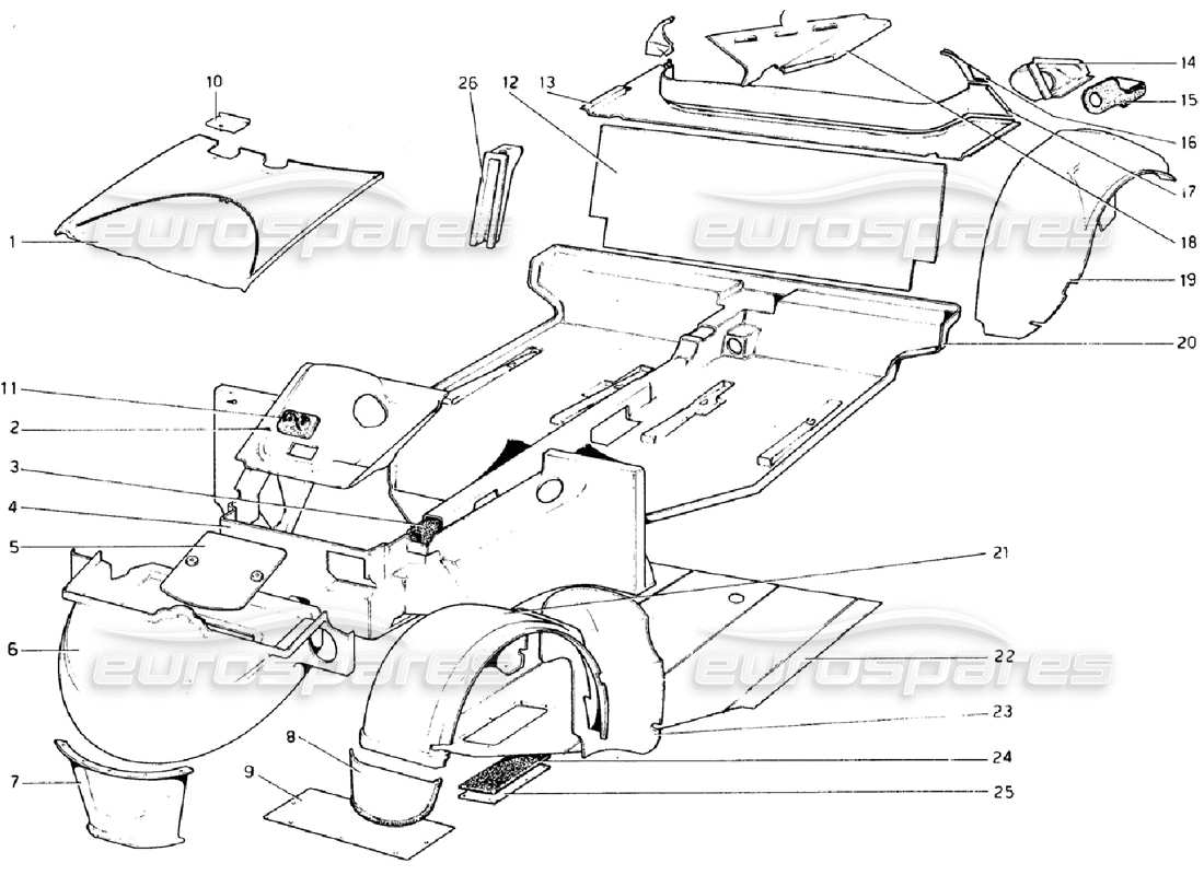 ferrari 308 gtb (1976) karosserie - teilediagramm der inneren elemente