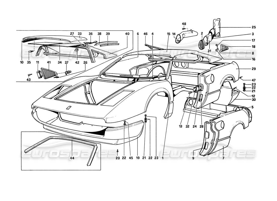 ferrari 308 gtb (1980) karosserie - teilediagramm für außenelemente