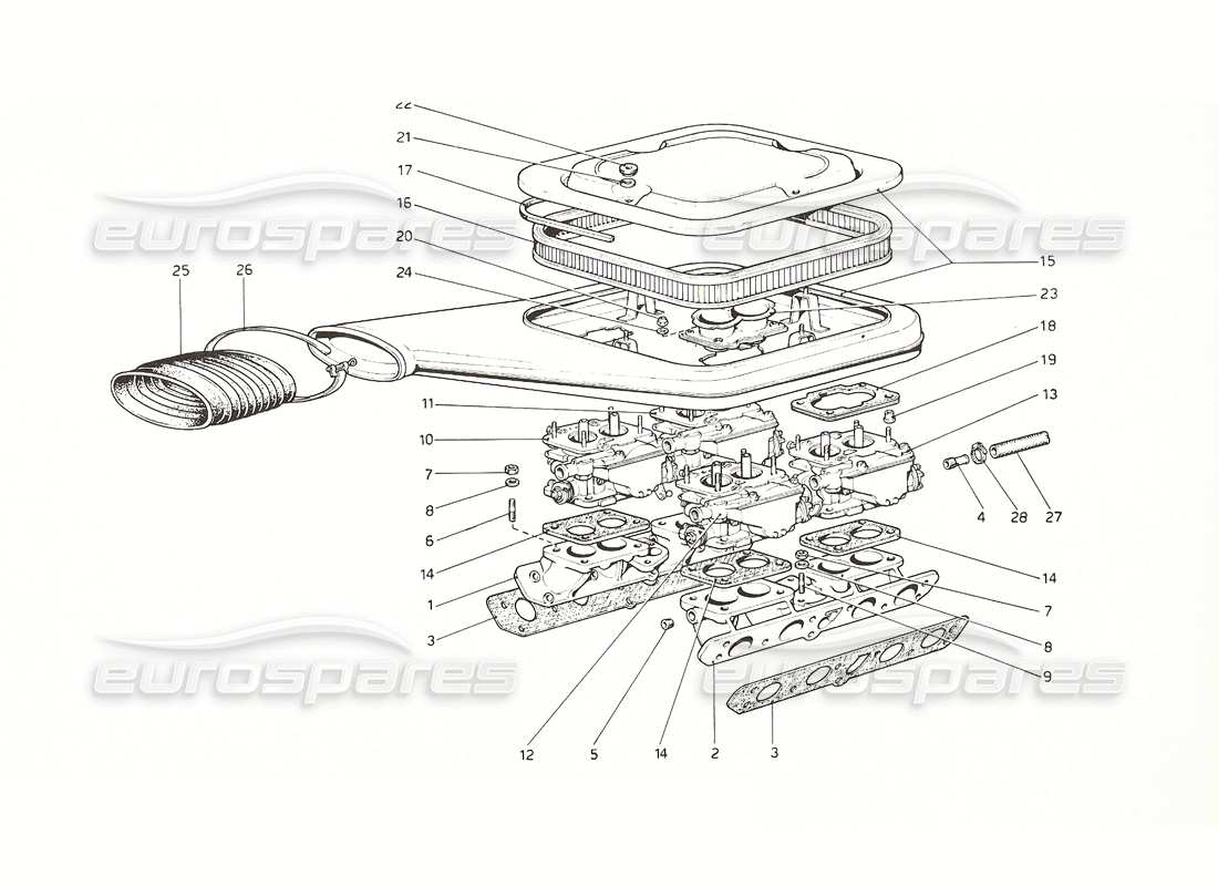 ferrari 308 gt4 dino (1976) teilediagramm für vergaser und luftfilter