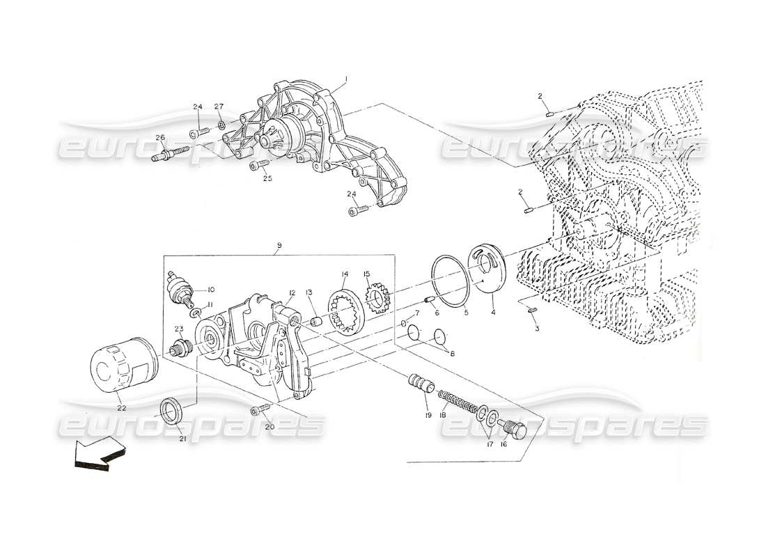 maserati shamal öl- und wasserpumpen teilediagramm
