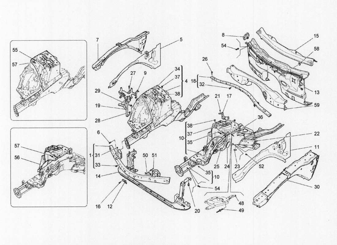 maserati qtp. v6 3.0 bt 410bhp 2wd 2017 vordere strukturrahmen und blechplatten teilediagramm