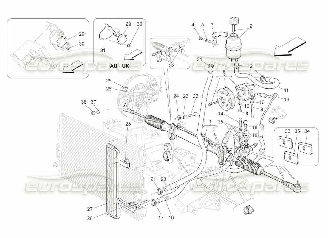 maserati grancabrio (2010) 4.7 teilediagramm für lenkgetriebe und hydraulische lenkpumpe