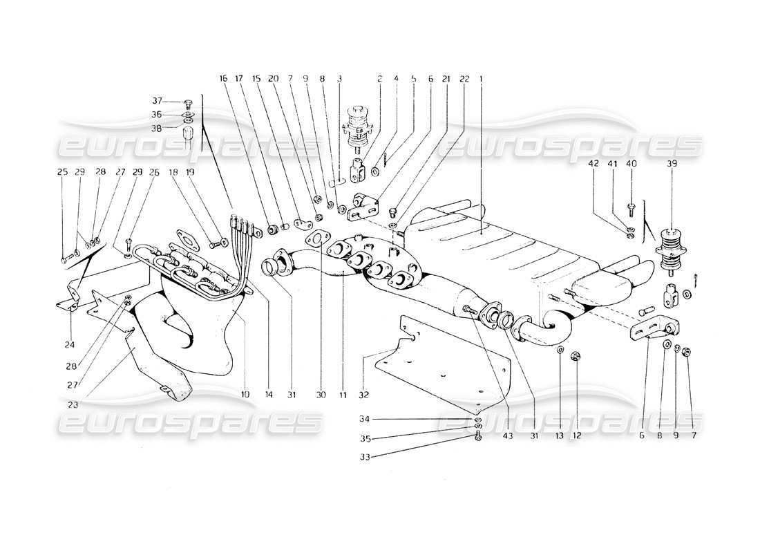 ferrari 308 gt4 dino (1979) abgassystem (varianten für usa - aus und j-version) teilediagramm