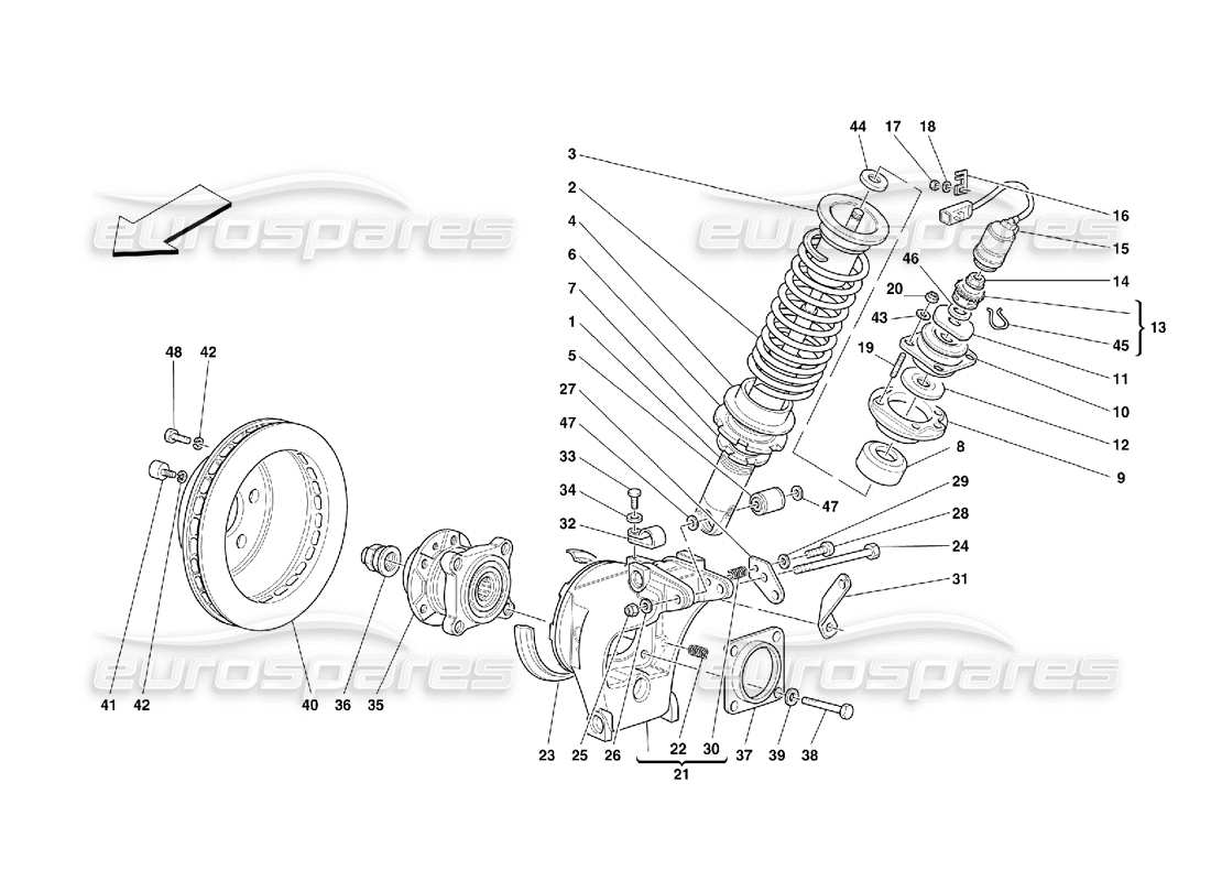 ferrari 355 (5.2 motronic) hinterradaufhängung - teilediagramm stoßdämpfer und bremsscheibe