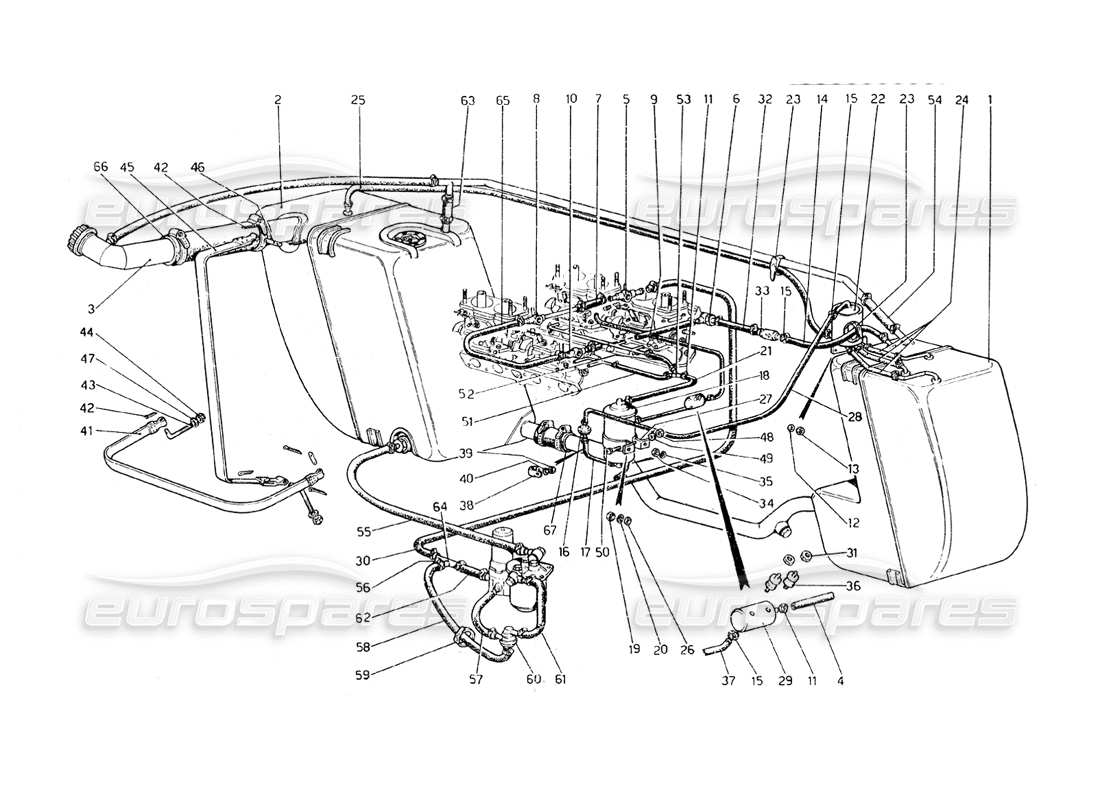 ferrari 308 gt4 dino (1979) antievaporative emission control system (varianten für usa - aus und j-version) teilediagramm