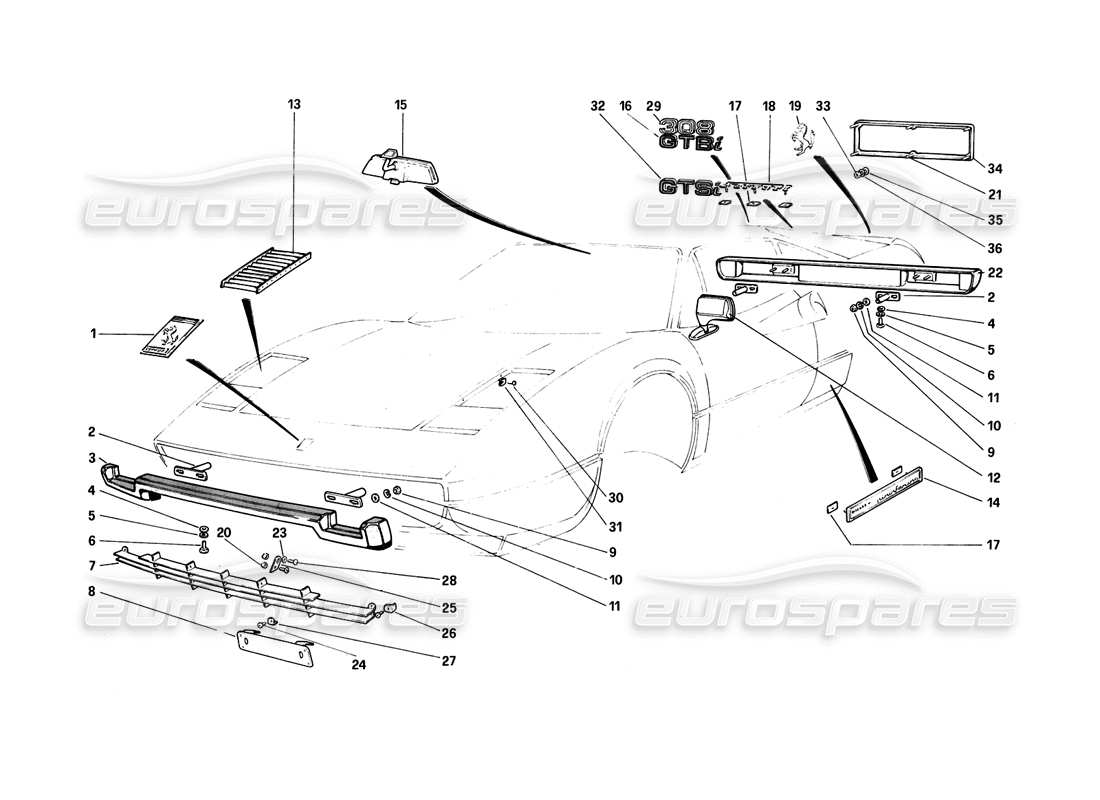 ferrari 308 (1981) gtbi/gtsi teilediagramm für stoßstangen und zierleisten