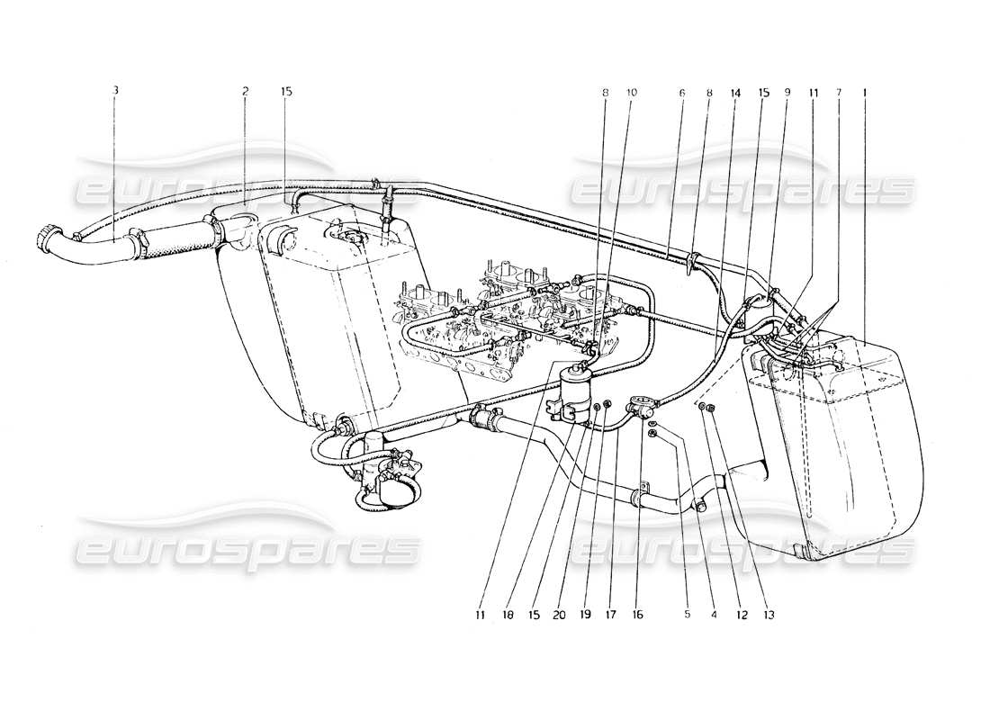 ferrari 308 gt4 dino (1979) antievaporative emission control system (varianten für usa - aus und j-version) teilediagramm