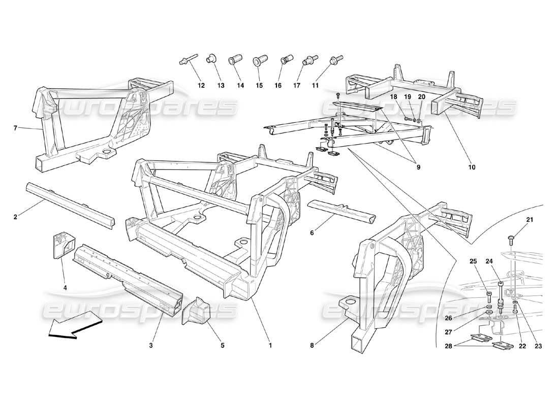 ferrari 360 challenge (2000) rahmen - teilediagramm für hintere elemente, strukturen und platten