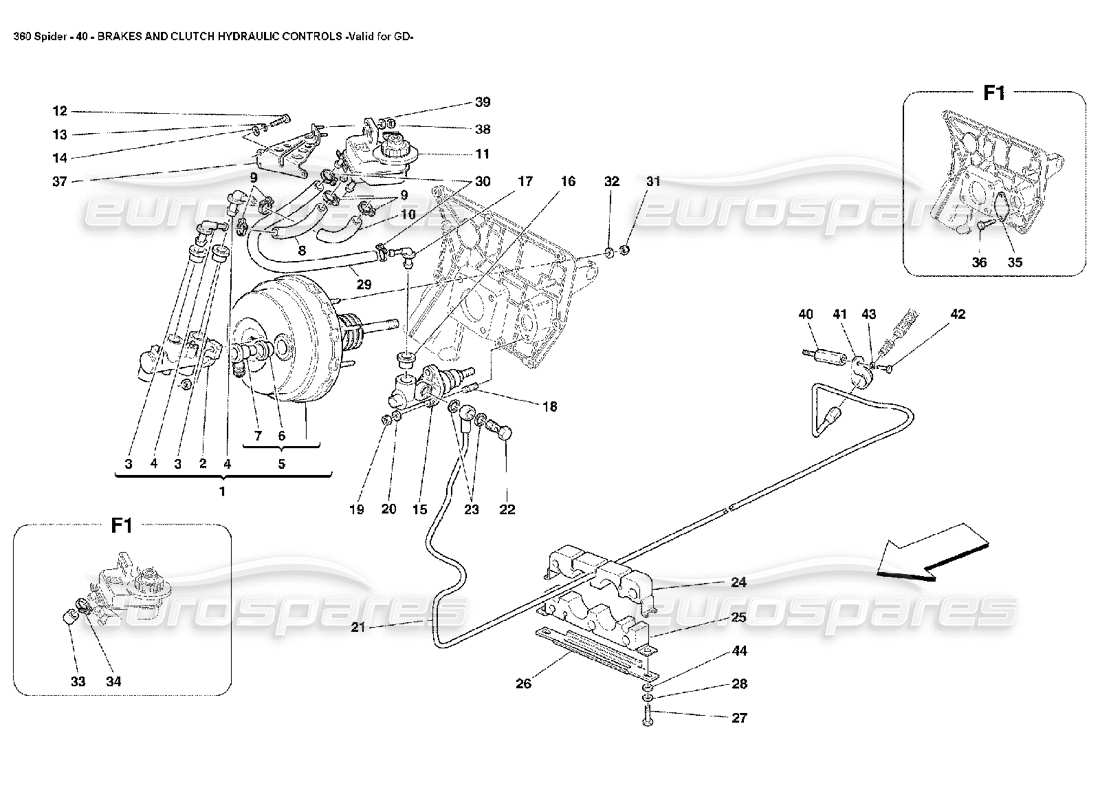 ferrari 360 spider teilediagramm für die hydraulischen brems- und kupplungssteuerungen