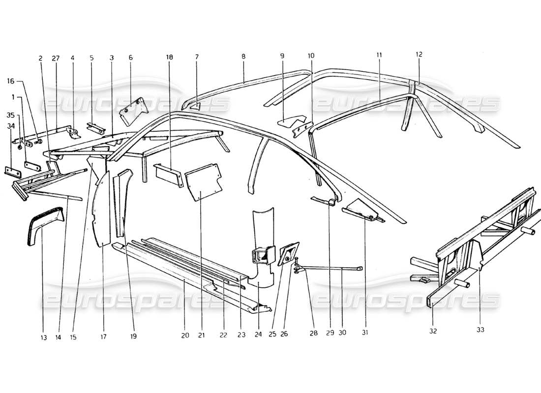 ferrari 308 gtb (1976) karosserie - teilediagramm der inneren elemente