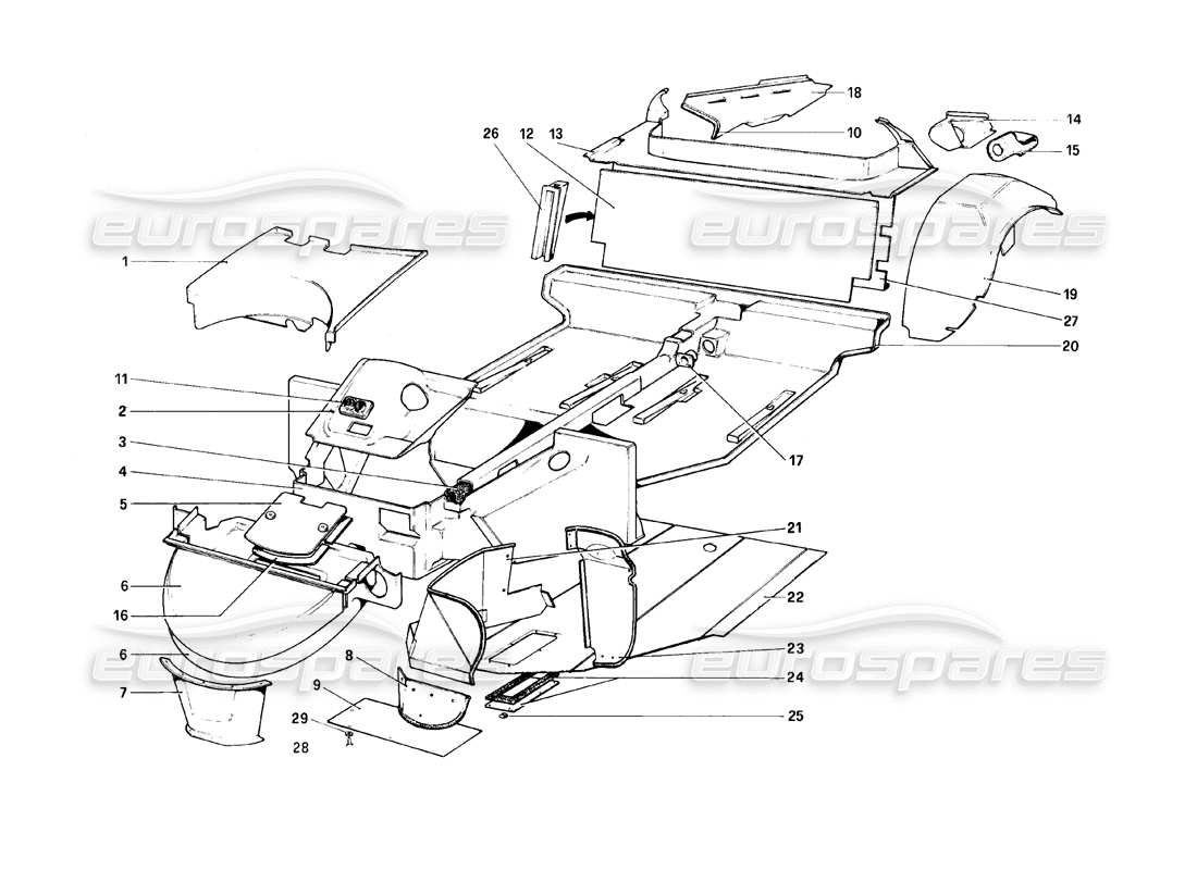ferrari 308 (1981) gtbi/gtsi karosserie - teilediagramm der inneren elemente