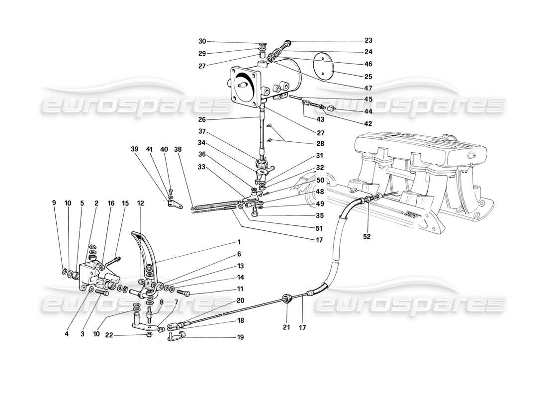 ferrari 308 (1981) gtbi/gtsi teilediagramm für drosselklappengehäuse und -gestänge