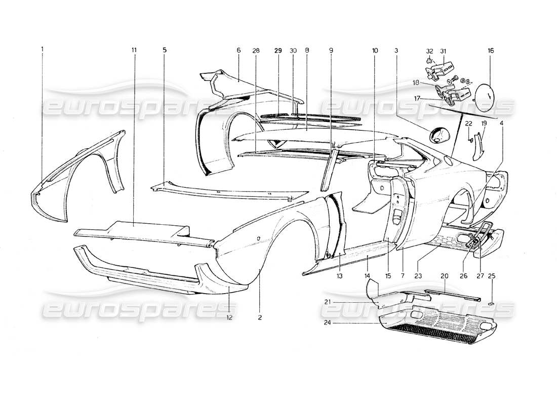 ferrari 308 gt4 dino (1979) karosserie - teilediagramm für außenelemente