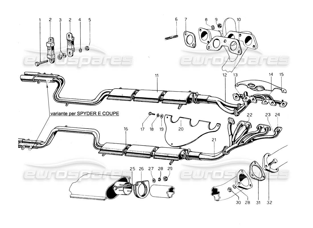 ferrari 275 gtb/gts 2 cam teilediagramm für auspuff und krümmer