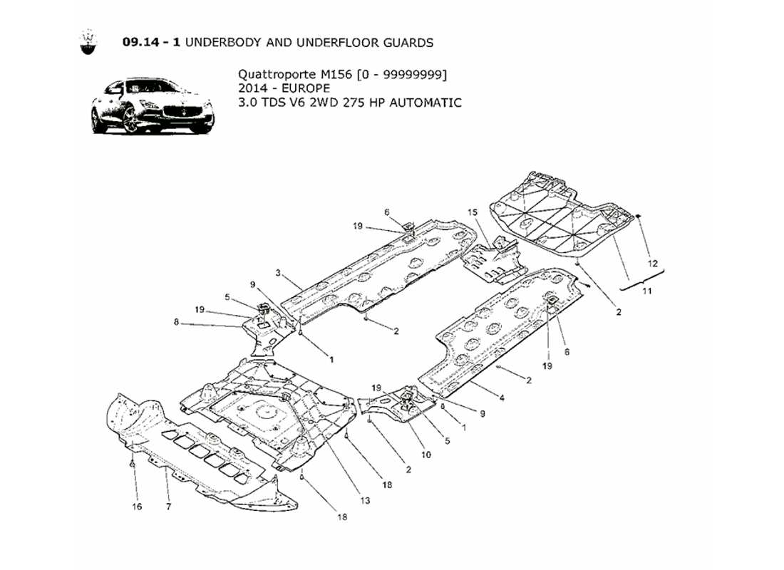 maserati qtp. v6 3.0 tds 275bhp 2014 unterboden- und unterbodenschutz teilediagramm