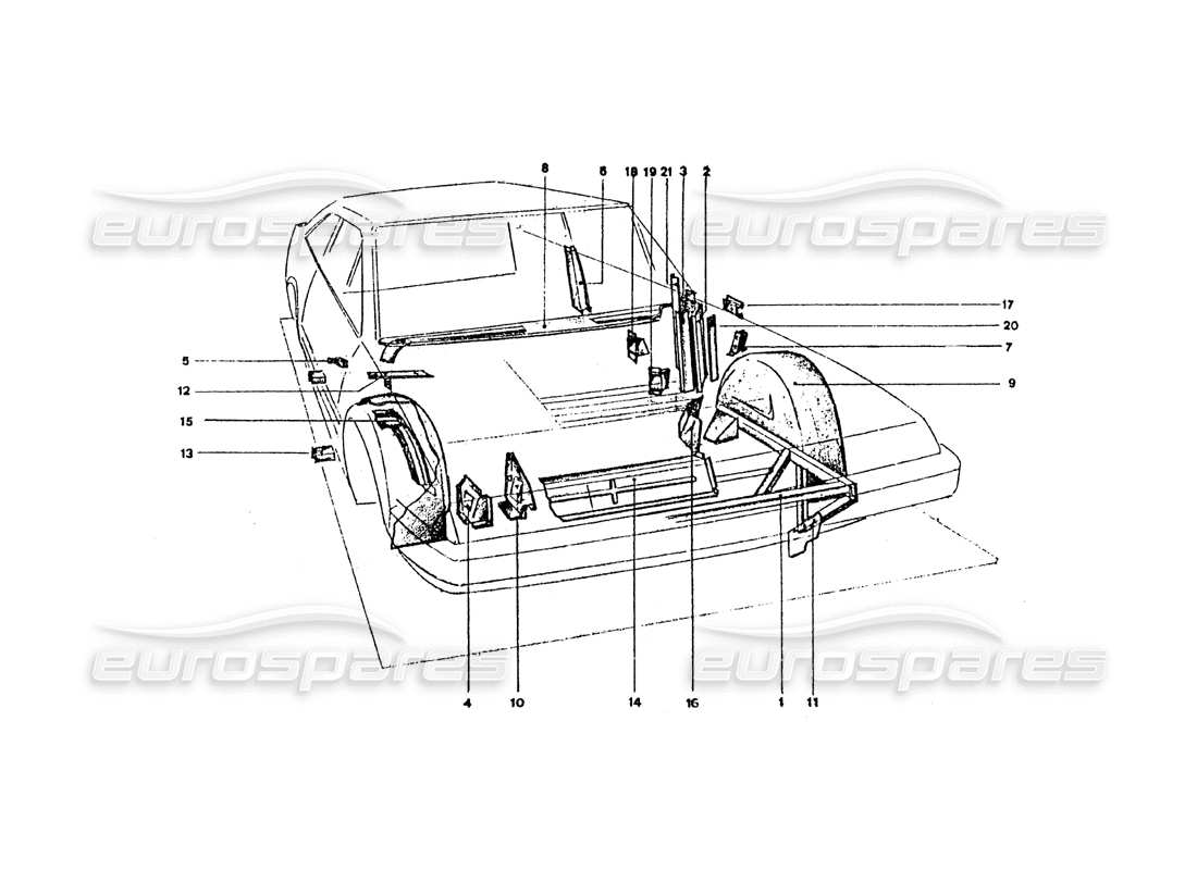 ferrari 365 gt4 2+2 coachwork teilediagramm für vordere innenschilde und -platten