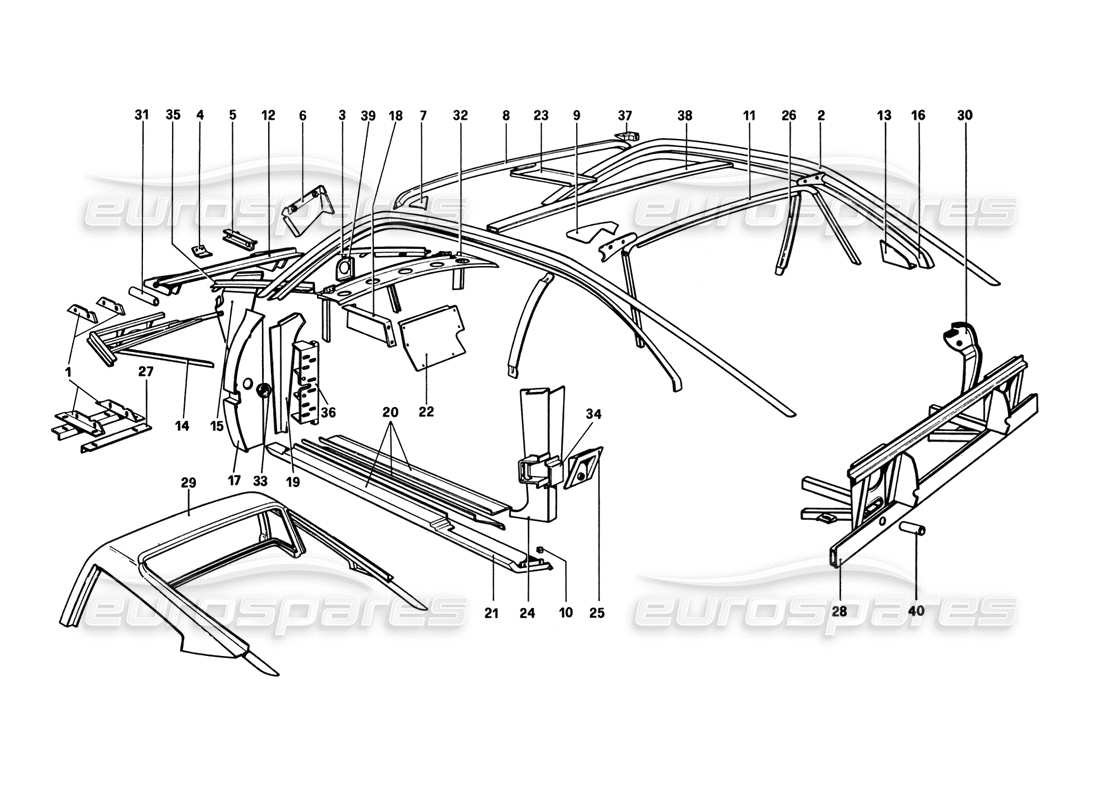 ferrari 308 gtb (1980) karosserie - teilediagramm der inneren elemente