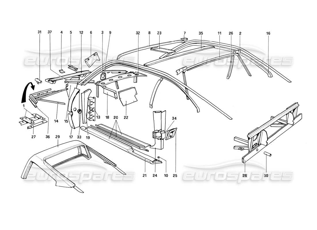 ferrari 308 (1981) gtbi/gtsi karosserie - teilediagramm der inneren elemente