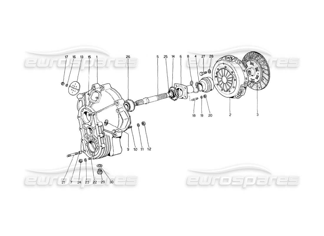 ferrari 246 dino (1975) teilediagramm für kupplungseinheit und abdeckung