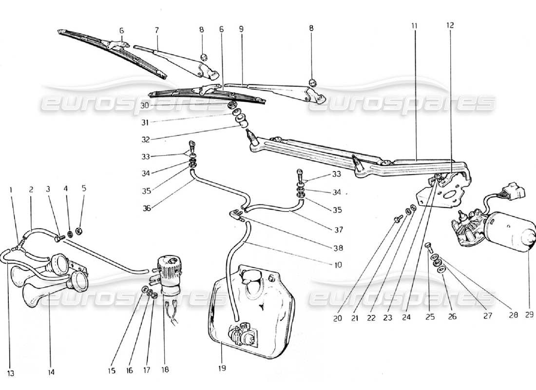 ferrari 308 gtb (1976) teilediagramm für scheibenwischer, scheibe und hupe
