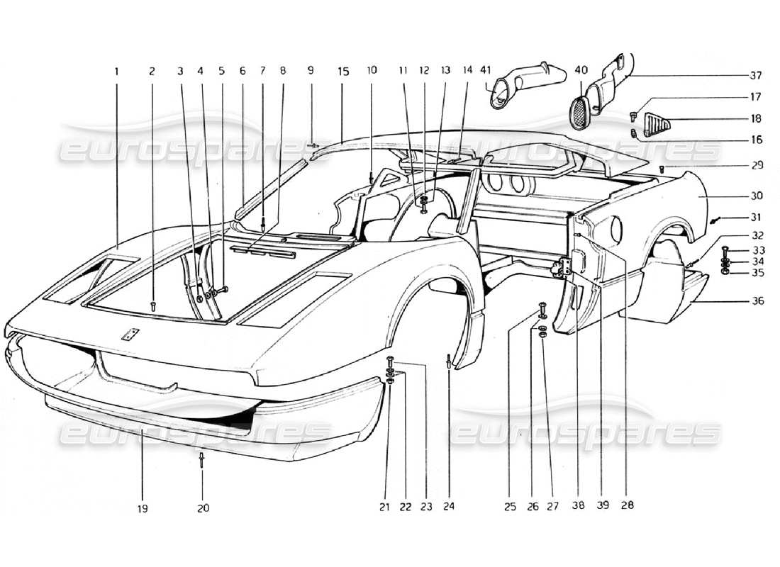 ferrari 308 gtb (1976) karosserie - teilediagramm für außenelemente