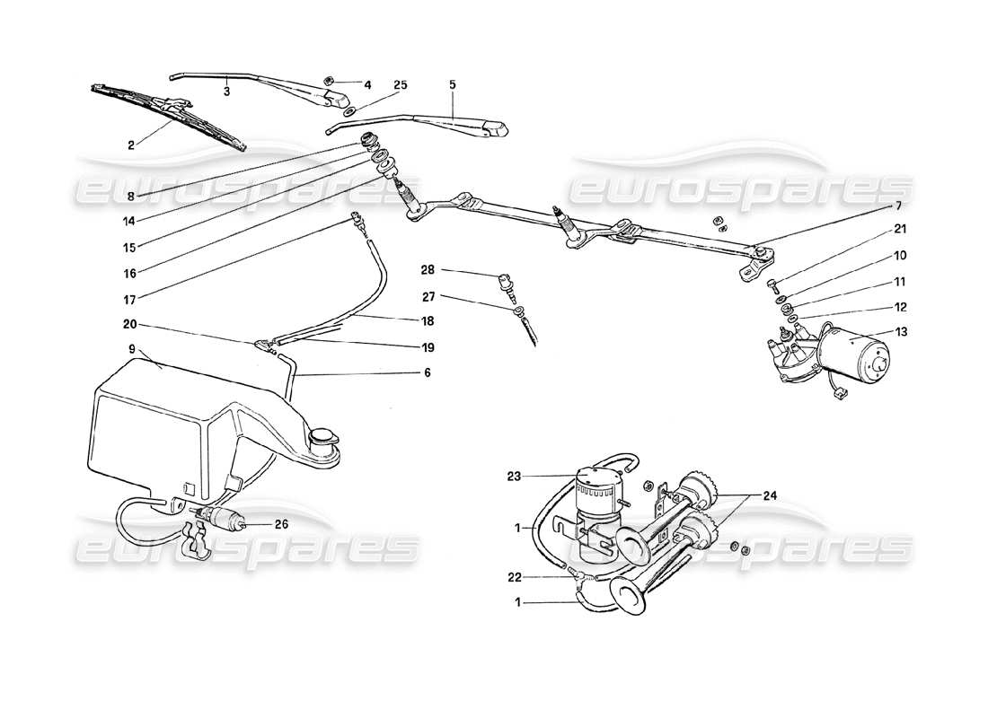 ferrari 208 turbo (1989) teilediagramm für scheibenwischer, scheibe und hupen