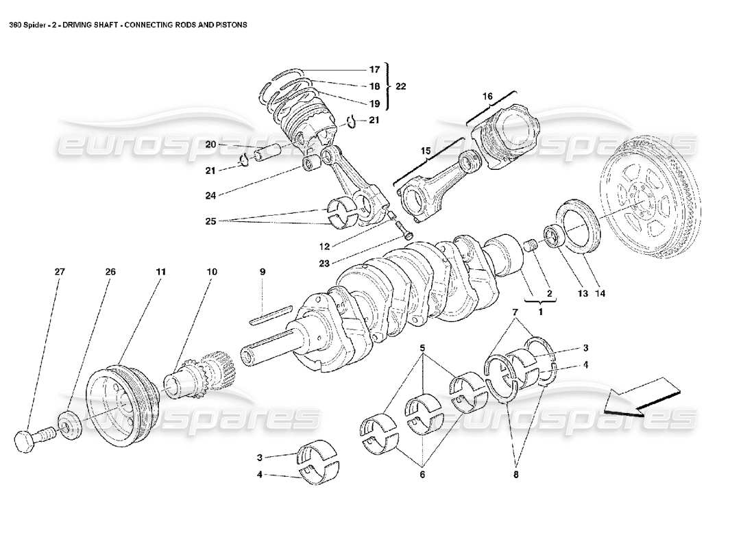 ferrari 360 spider teilediagramm für kurbelwelle, pleuel und kolben