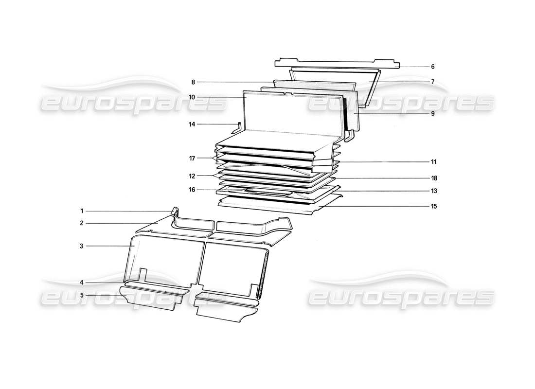 ferrari 308 (1981) gtbi/gtsi teilediagramm zur isolierung von fahrgast- und gepäckraum