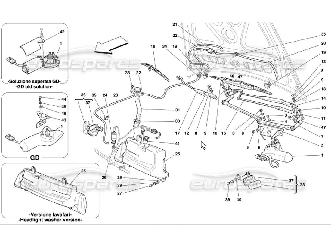 ferrari 360 modena teilediagramm für windschutzscheibe, scheibe und hupen