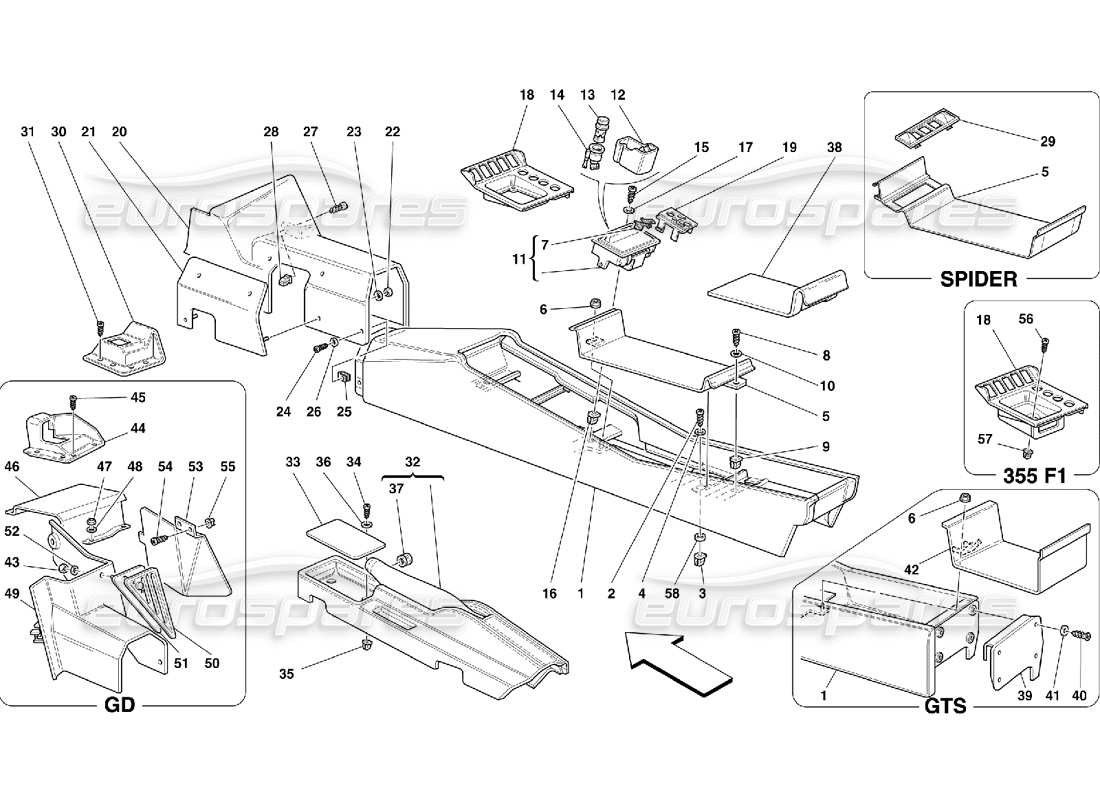 ferrari 355 (5.2 motronic) tunnel - rahmen und zubehörteile diagramm