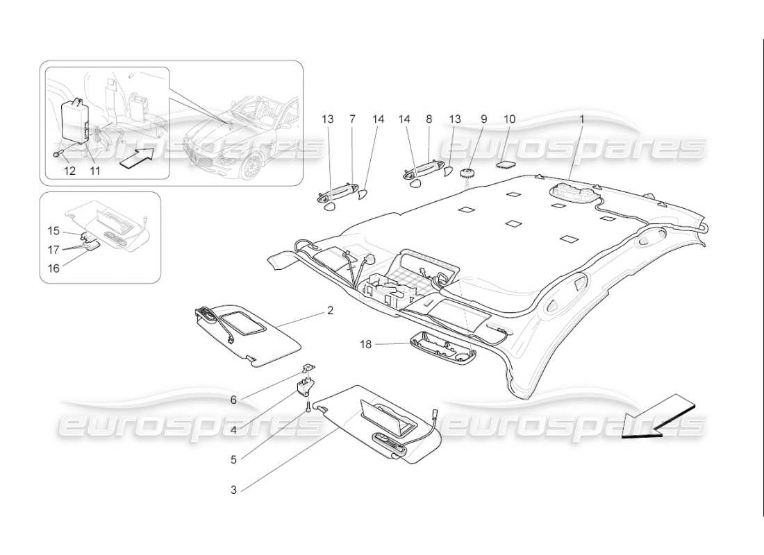 maserati qtp. (2009) 4.7 auto dach- und sonnenblenden ersatzteildiagramm