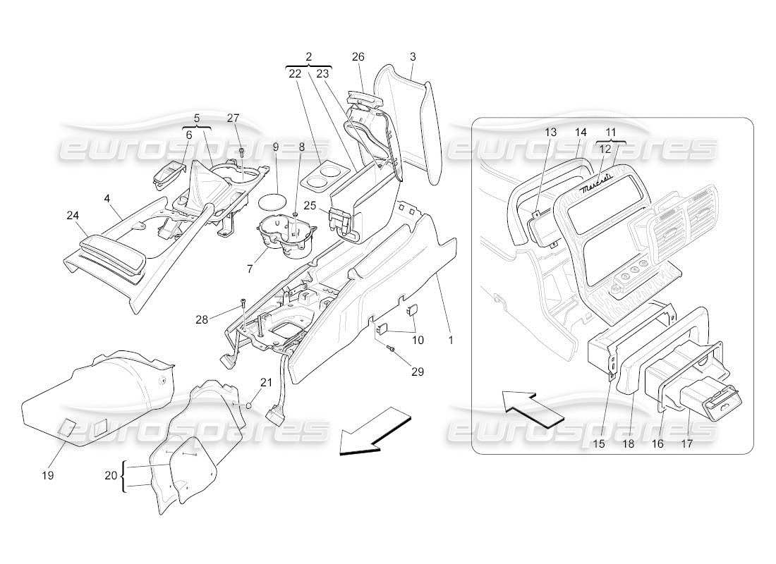 maserati qtp. (2011) 4.2 auto zubehörkonsole und mittelkonsole teilediagramm